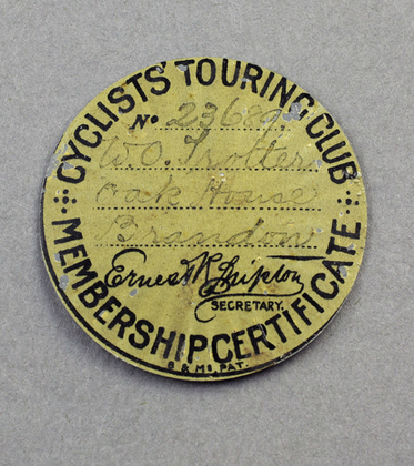 Cyclists Touring Club Victorian Silver Membership Certificate Holder/ Pendant, and Enamel Certificate for 1899